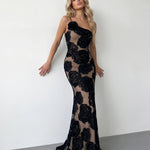 Black Floral Applique One Shoulder Mesh Mermaid Maxi Dress