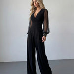 Black Sheer Mesh Sleeve Studded Cuff Slim Fit Long Jumpsuit
