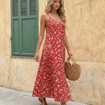 Red Floral Print V-Neck Spaghetti Strap Maxi Dress
