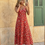 Red Floral Print V-Neck Spaghetti Strap Maxi Dress