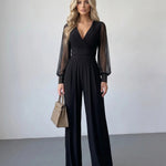 Black Sheer Mesh Sleeve Studded Cuff Slim Fit Long Jumpsuit