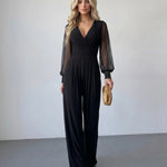 Black Sheer Mesh Sleeve Studded Cuff Slim Fit Long Jumpsuit