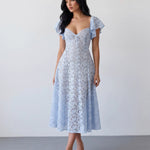 Sky Blue Floral Lace Fitted Waist Midi Dress