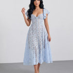 Sky Blue Floral Lace Fitted Waist Midi Dress