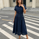 Navy Blue Belted Linen Blend Midi Shirt Dress