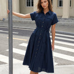 Navy Blue Belted Linen Blend Midi Shirt Dress