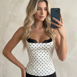 White Polka Dot Corset Black Lace Trim Cami Top