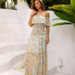 Yellow Floral Off Shoulder Smocked Tiered Chiffon Maxi Dress