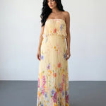 Yellow Floral Print Pleated Strapless Maxi Dress