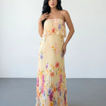 Yellow Floral Print Pleated Strapless Maxi Dress