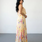 Yellow Floral Print Pleated Strapless Maxi Dress