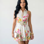 White Floral Printed Button Up Sleeveless Mini Shirt Dress