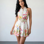 White Floral Printed Button Up Sleeveless Mini Shirt Dress