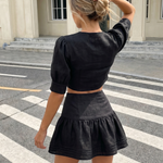 Beige Button Up Linen Puff Sleeve Slim Fit Cropped Top Mini Skirt Two Piece Set