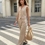 Beige Linen Blend Waistcoat Wide Leg Pants Set