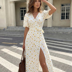 White Yellow Floral Wrap Midi Dress