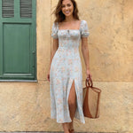 Light Blue Floral Print Tie-Front Slim Fit Midi Dress