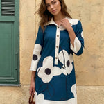 Blue Teal Floral Print Shirt Dress
