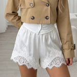 White Satin  Lace Trim High-Waisted Shorts