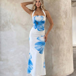 White Blue Floral Print Slim Fit Maxi Dress
