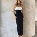 Black White Two-Tone Strapless Slim Fit Midi Dress