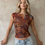 Brown Abstract Animal Print Cap Sleeve Top