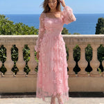 Pink 3D Floral Lace Square Neck Puff Sleeve Midi Dress