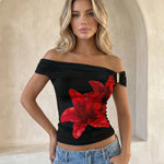 Black Red Lily Print Off-Shoulder Top