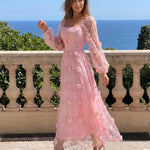 Pink 3D Floral Lace Square Neck Puff Sleeve Midi Dress