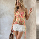 Pastel Floral Print Asymmetric Hem Ruffled Cami Top