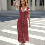 Navy Blue Floral Lace Trim Midi Dress