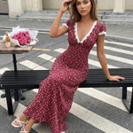 Navy Blue Floral Lace Trim Midi Dress