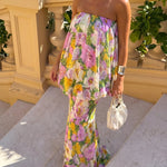 Strapless Floral Print Bubble Overlay Maxi Dress
