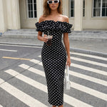 Black White Polka Dot Off-Shoulder Ruffle Midi Dress