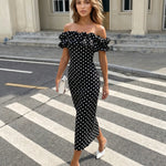 Black White Polka Dot Off-Shoulder Ruffle Midi Dress