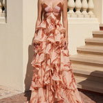 Pink Butterfly Beaded Ruffled Chiffon Maxi Dress
