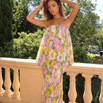 Strapless Floral Print Bubble Overlay Maxi Dress