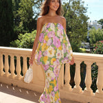 Strapless Floral Print Bubble Overlay Maxi Dress