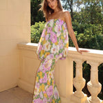 Strapless Floral Print Bubble Overlay Maxi Dress