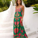 Green Tropical Floral Print Spaghetti Strap Maxi Dress