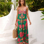 Green Tropical Floral Print Spaghetti Strap Maxi Dress