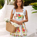 Cream Floral Print Tie Strap Fit Flare Mini Dress