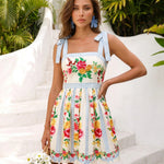 Cream Floral Print Tie Strap Fit Flare Mini Dress