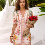 Light Pink Tropical Parrot Print Puff Sleeve Mini Dress