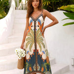 Tropical Print Spaghetti Strap Midi Dress