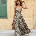Beige Green Abstract Print Plunge Maxi Dress