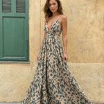 Beige Green Abstract Print Plunge Maxi Dress