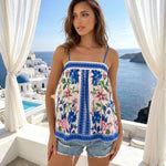 Blue White Floral Print Spaghetti Strap Cami Top