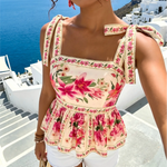 Pink Floral Print Bow Strap Peplum Top