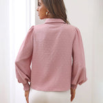 Zeagoo V Neck Crinkle Crepe Lantern Sleeves Shirt Top Button-Down Loose Blouse